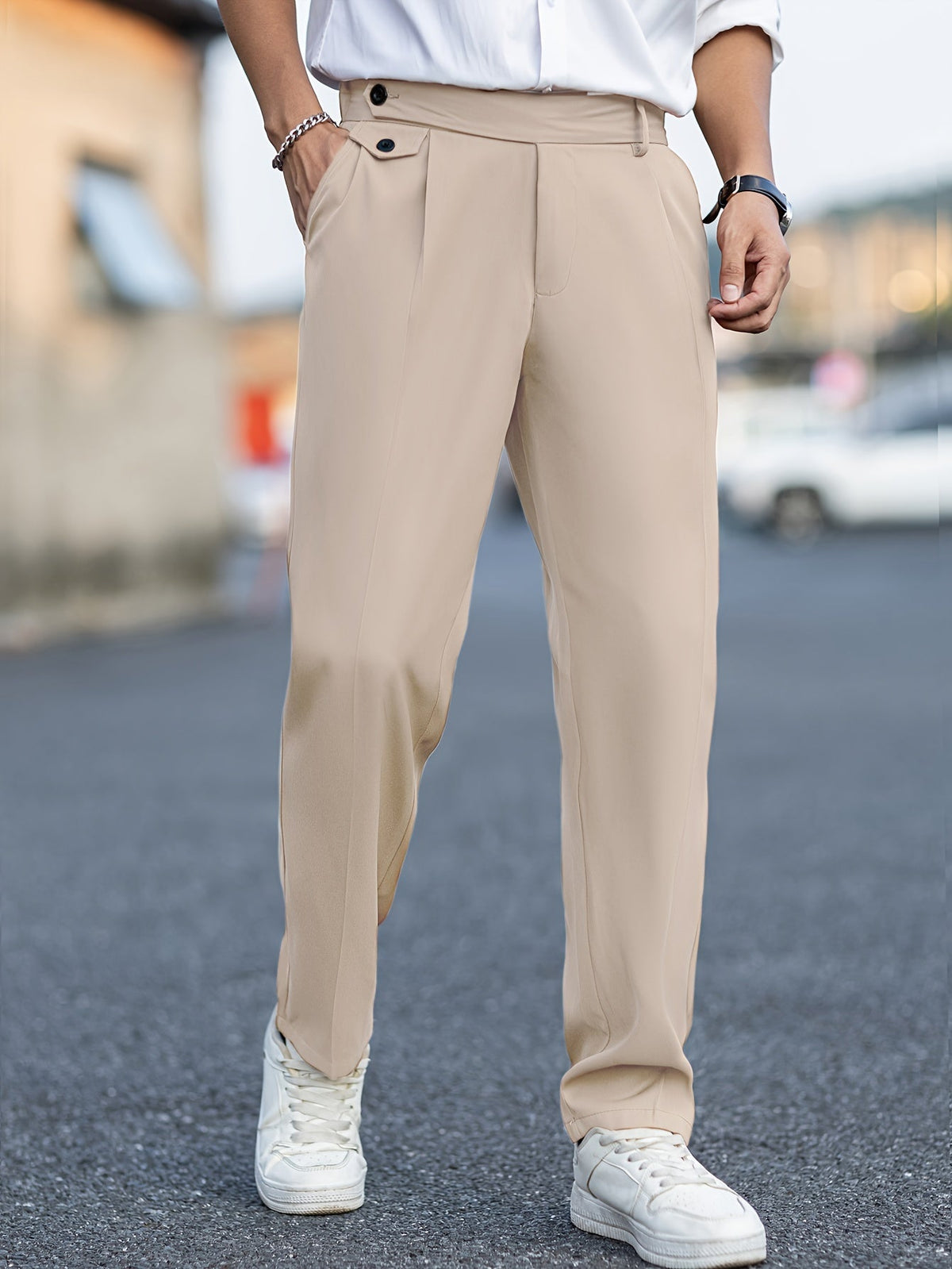 Tailored Trousers Beige Men's Straight-Leg Dress Pants – Office, Casual, Smart Everyday Wear