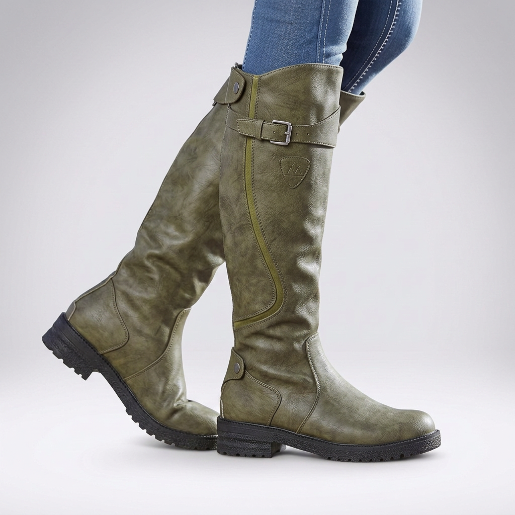 Tall Boots Faux Leather Olive Green Women's Knee-High Buckle – Casual, Office, Holiday, Gift