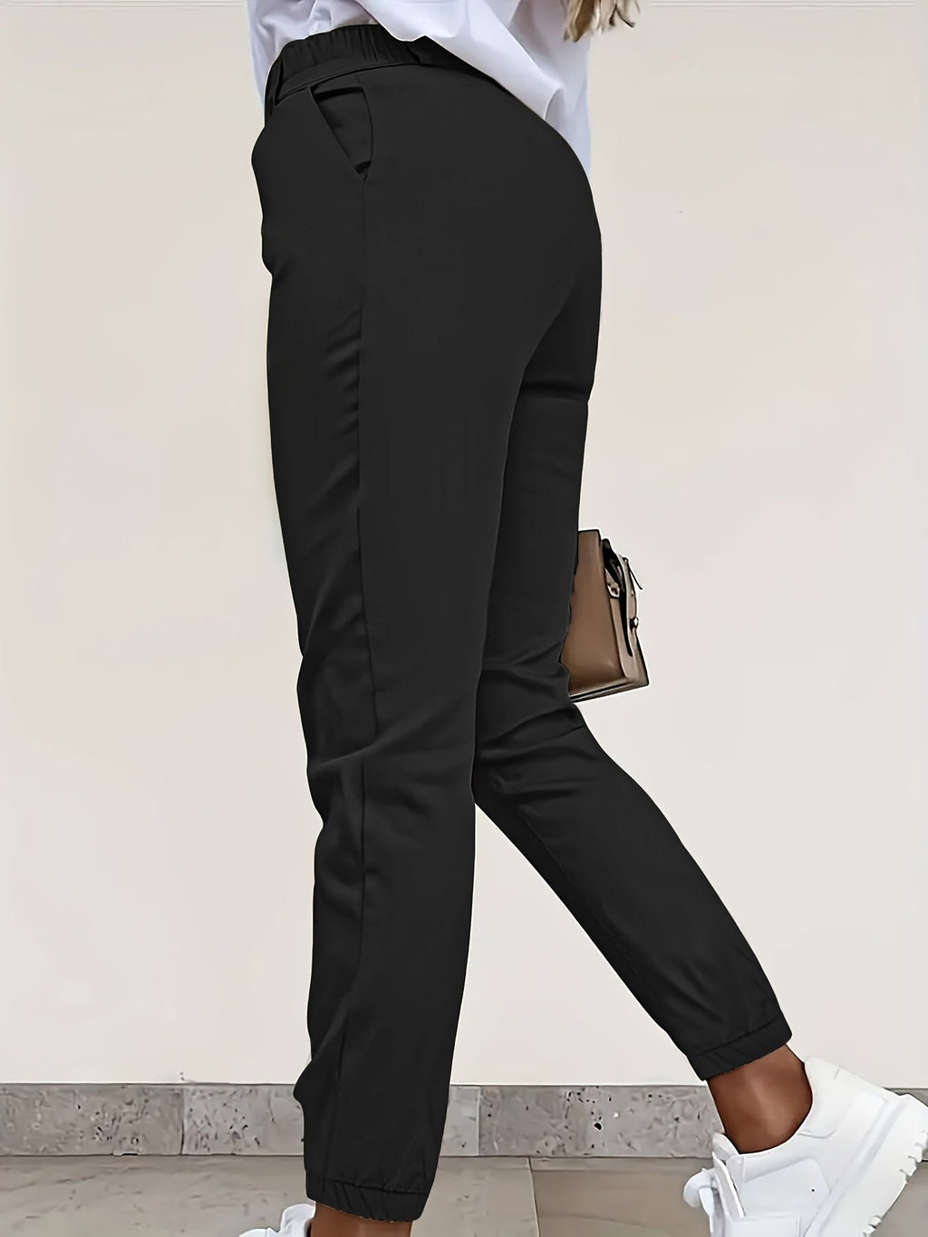 Tapered Trousers Black High Waist Women's Slim Fit with Pockets – Office, Casual, Work Wear