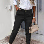 Tapered Trousers Black High Waist Women's Slim Fit with Pockets – Office, Casual, Work Wear
