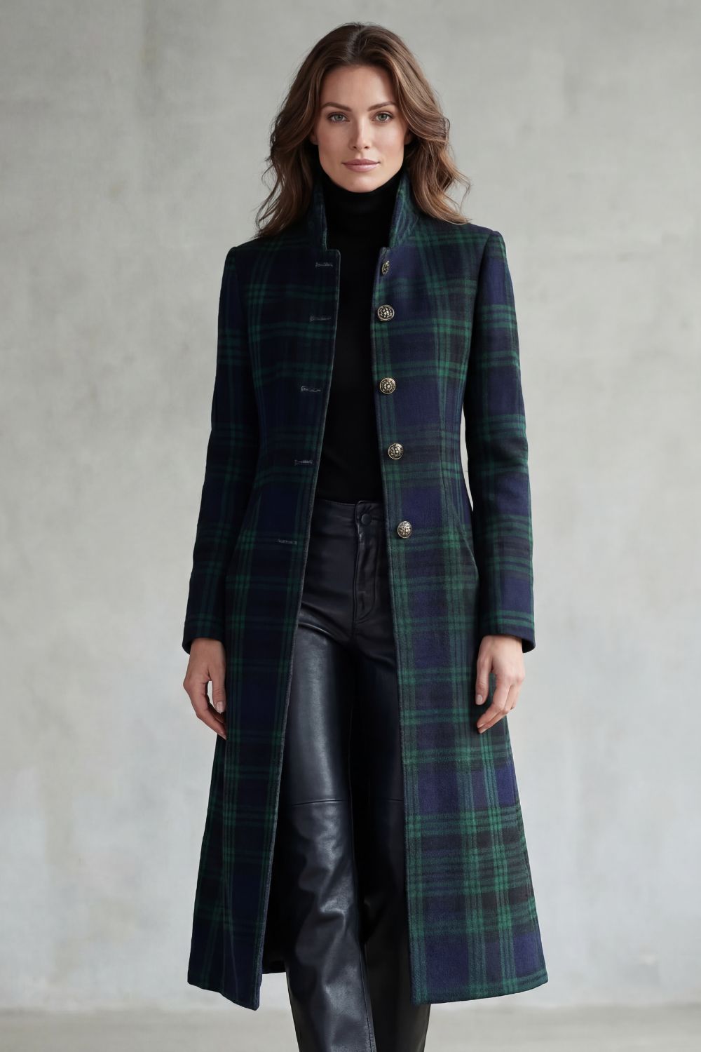 Tartan Check Wool Blend Coat Women's Long Green Navy Stand Collar – Office, Holiday, Casual Outerwear
