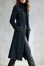Tartan Check Wool Blend Coat Women's Long Green Navy Stand Collar – Office, Holiday, Casual Outerwear