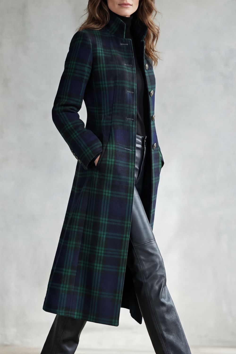 Tartan Check Wool Blend Coat Women's Long Green Navy Stand Collar – Office, Holiday, Casual Outerwear
