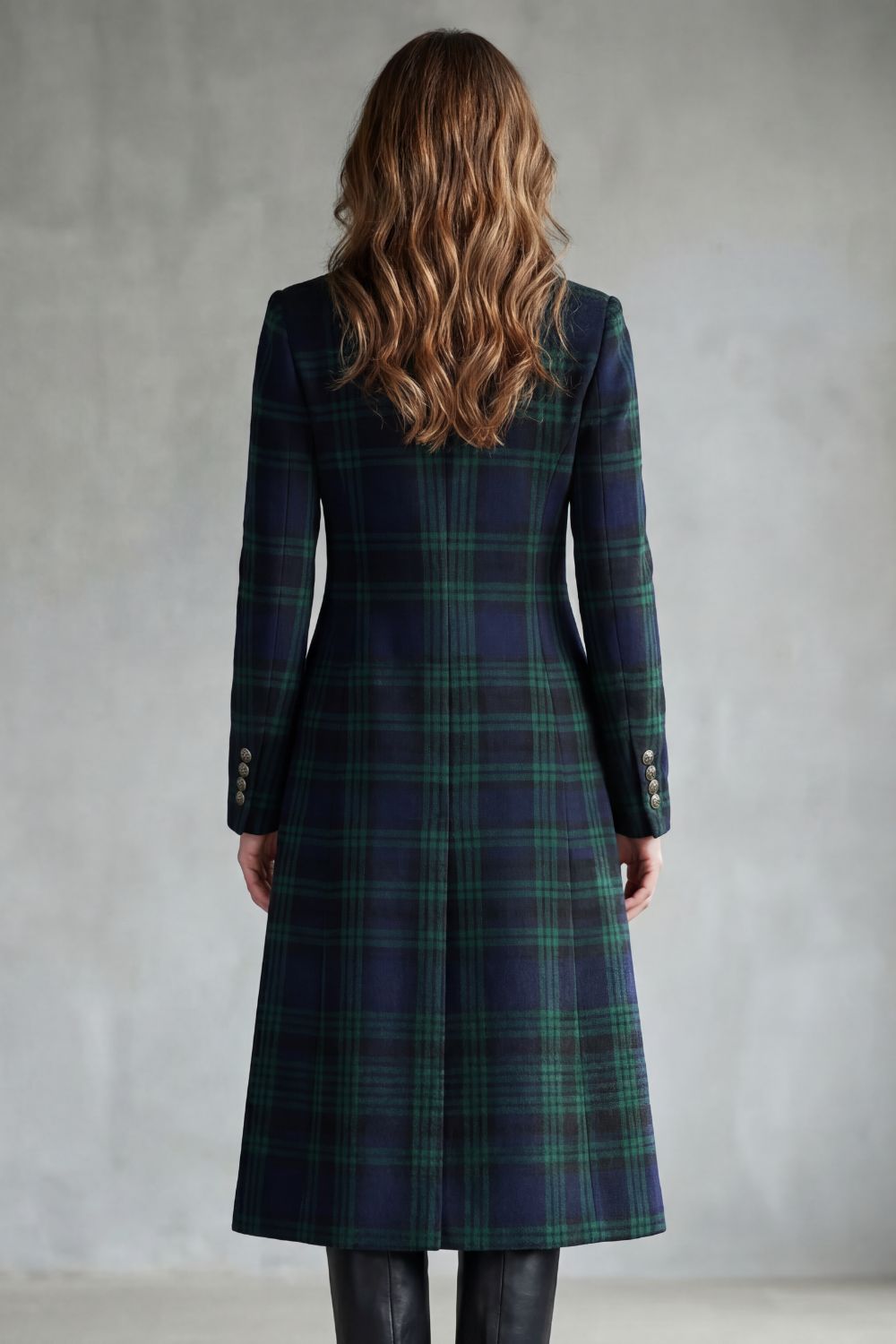 Tartan Check Wool Blend Coat Women's Long Green Navy Stand Collar – Office, Holiday, Casual Outerwear