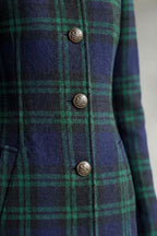 Tartan Check Wool Blend Coat Women's Long Green Navy Stand Collar – Office, Holiday, Casual Outerwear