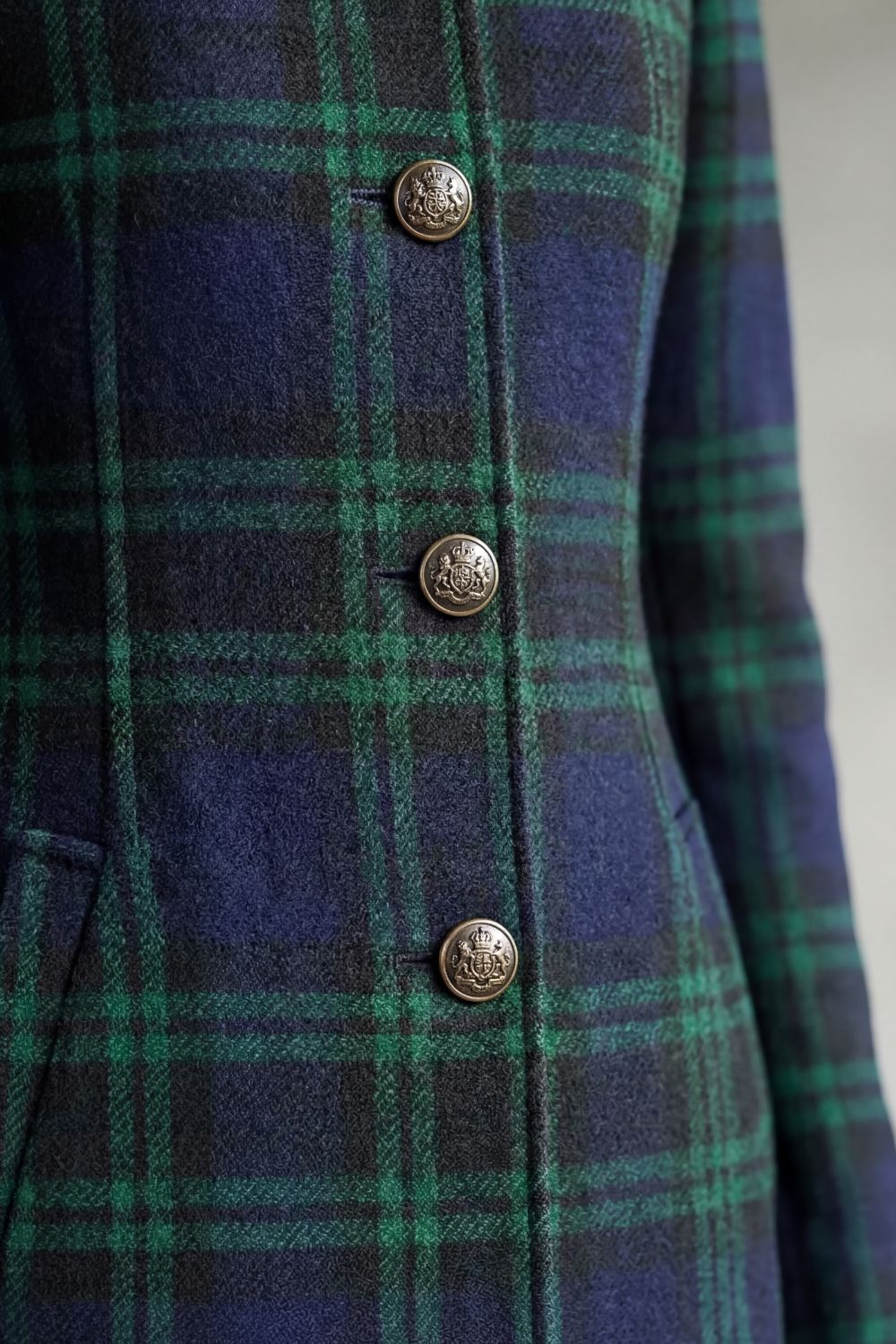 Tartan Check Wool Blend Coat Women's Long Green Navy Stand Collar – Office, Holiday, Casual Outerwear