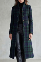 Tartan Check Wool Blend Coat Women's Long Green Navy Stand Collar – Office, Holiday, Casual Outerwear
