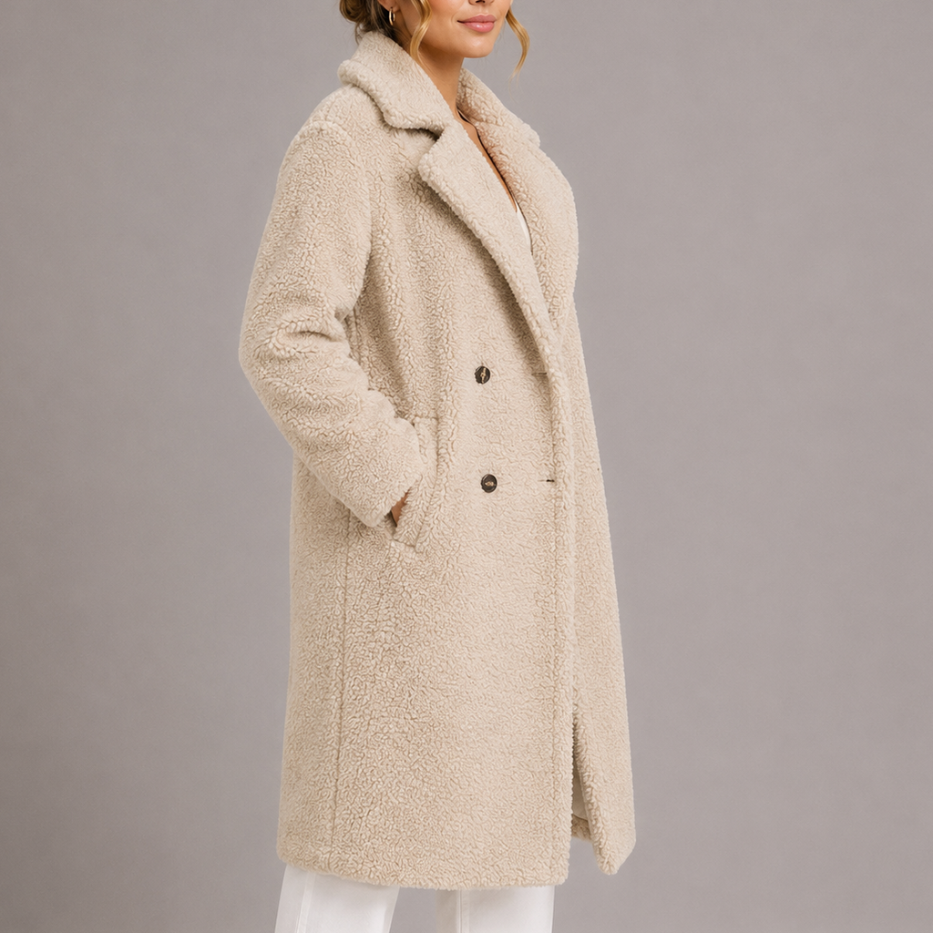 Teddy Coat Faux Fur Long Women's Cream Double-Breasted Lapel – Casual, Winter, Office, Gift
