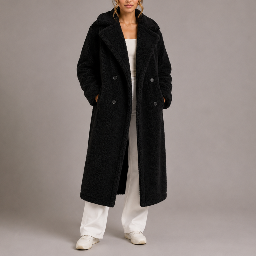 Teddy Coat Faux Fur Long Women's Cream Double-Breasted Lapel – Casual, Winter, Office, Gift
