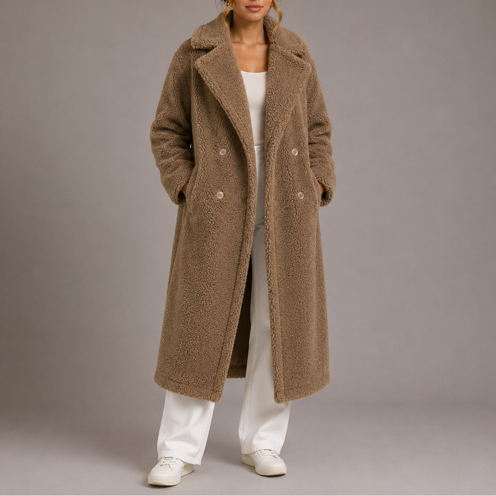 Teddy Coat Faux Fur Long Women's Cream Double-Breasted Lapel – Casual, Winter, Office, Gift