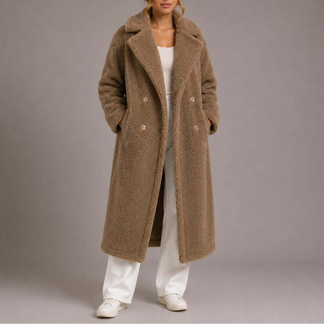 Teddy Coat Faux Fur Long Women's Cream Double-Breasted Lapel – Casual, Winter, Office, Gift