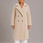 Teddy Coat Faux Fur Long Women's Cream Double-Breasted Lapel – Casual, Winter, Office, Gift