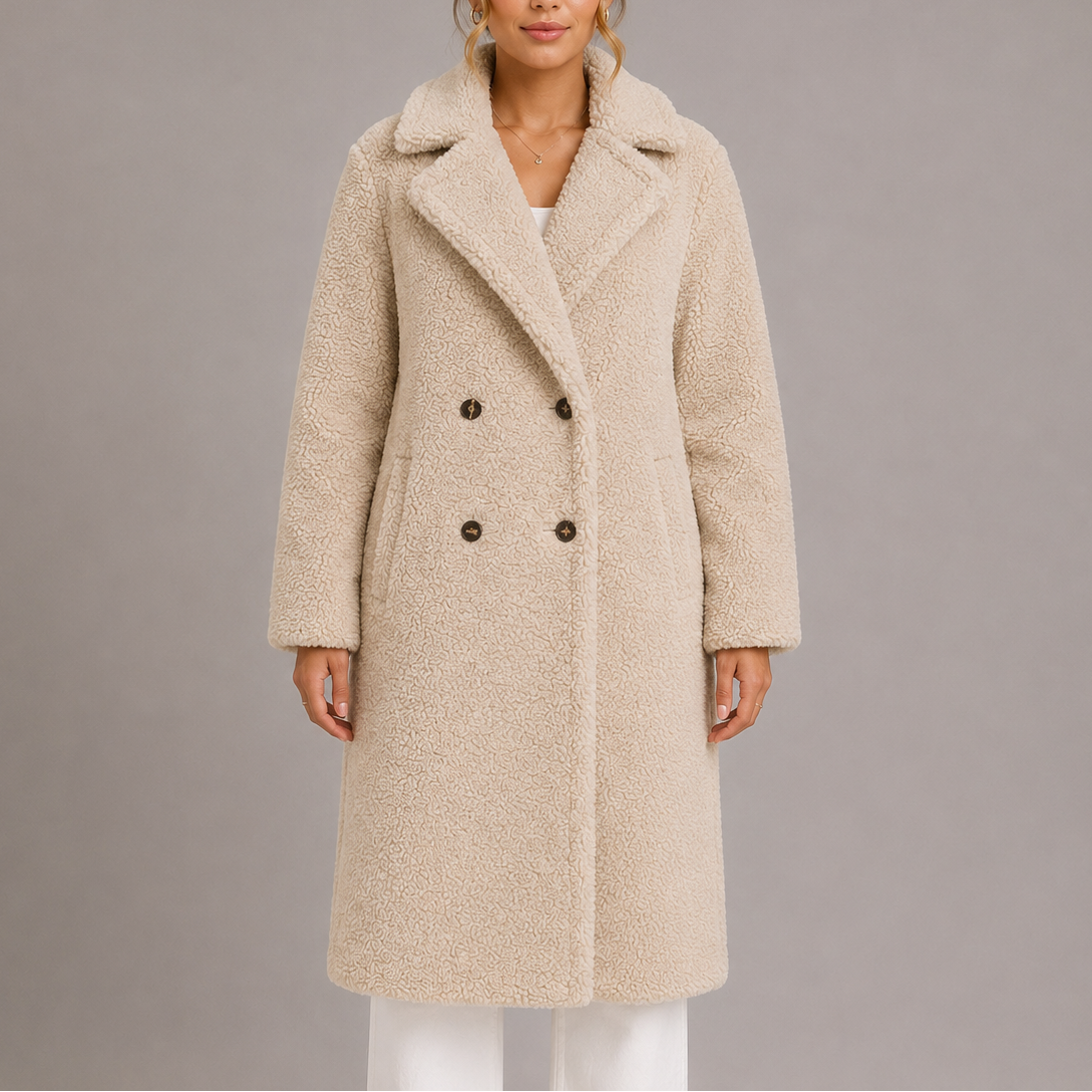 Teddy Coat Faux Fur Long Women's Cream Double-Breasted Lapel – Casual, Winter, Office, Gift