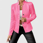 Textured Blazer Women's Pink Stand Collar Button Front Jacket – Office, Casual · Werune