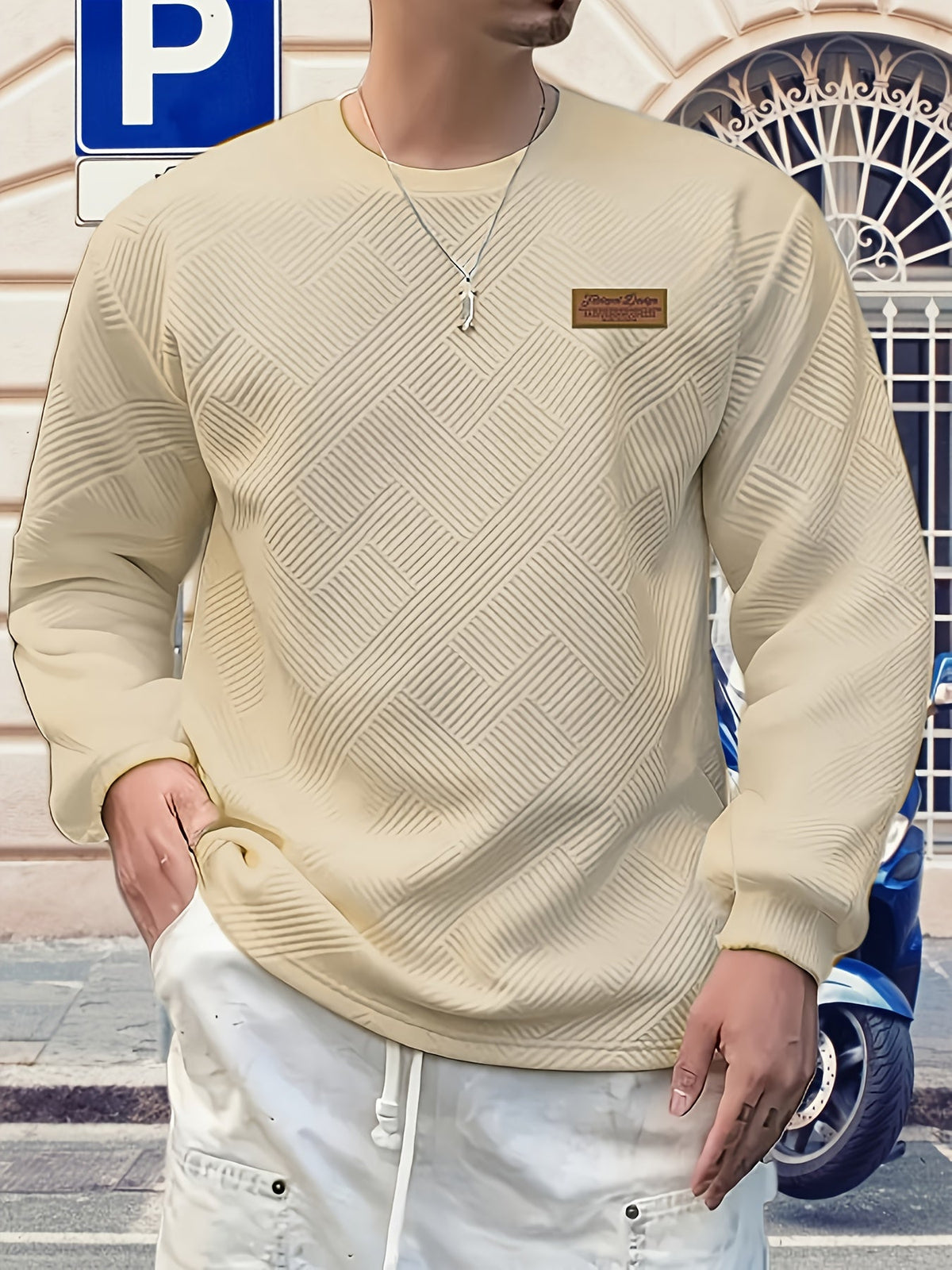 Textured Crew Neck Sweatshirt Men's Geometric Cream Pullover – Casual, Everyday · Werune