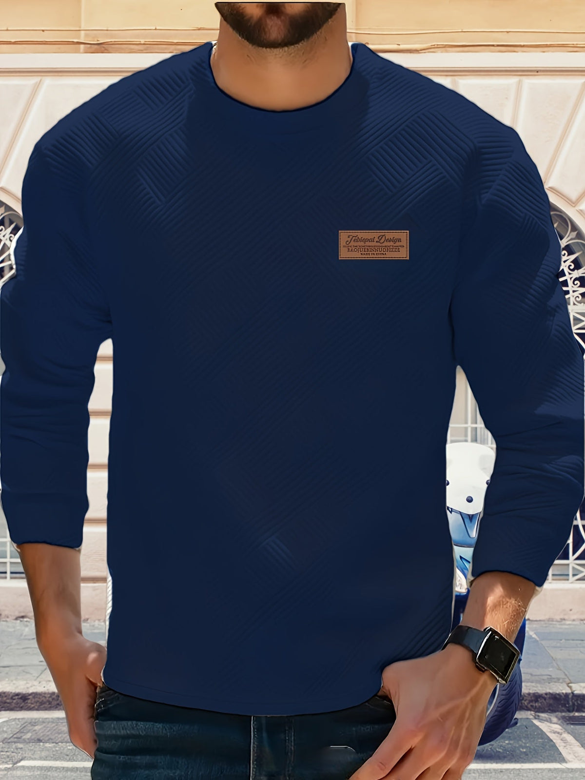 Textured Crew Neck Sweatshirt Men's Geometric Cream Pullover – Casual, Everyday · Werune