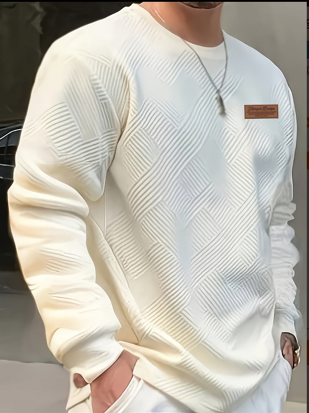 Textured Crew Neck Sweatshirt Men's Geometric Cream Pullover – Casual, Everyday · Werune