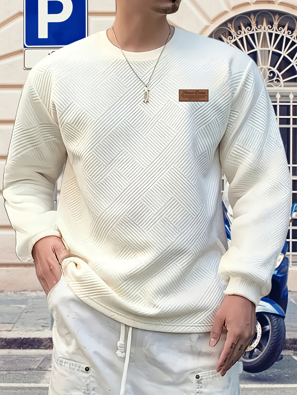 Textured Crew Neck Sweatshirt Men's Geometric Cream Pullover – Casual, Everyday · Werune