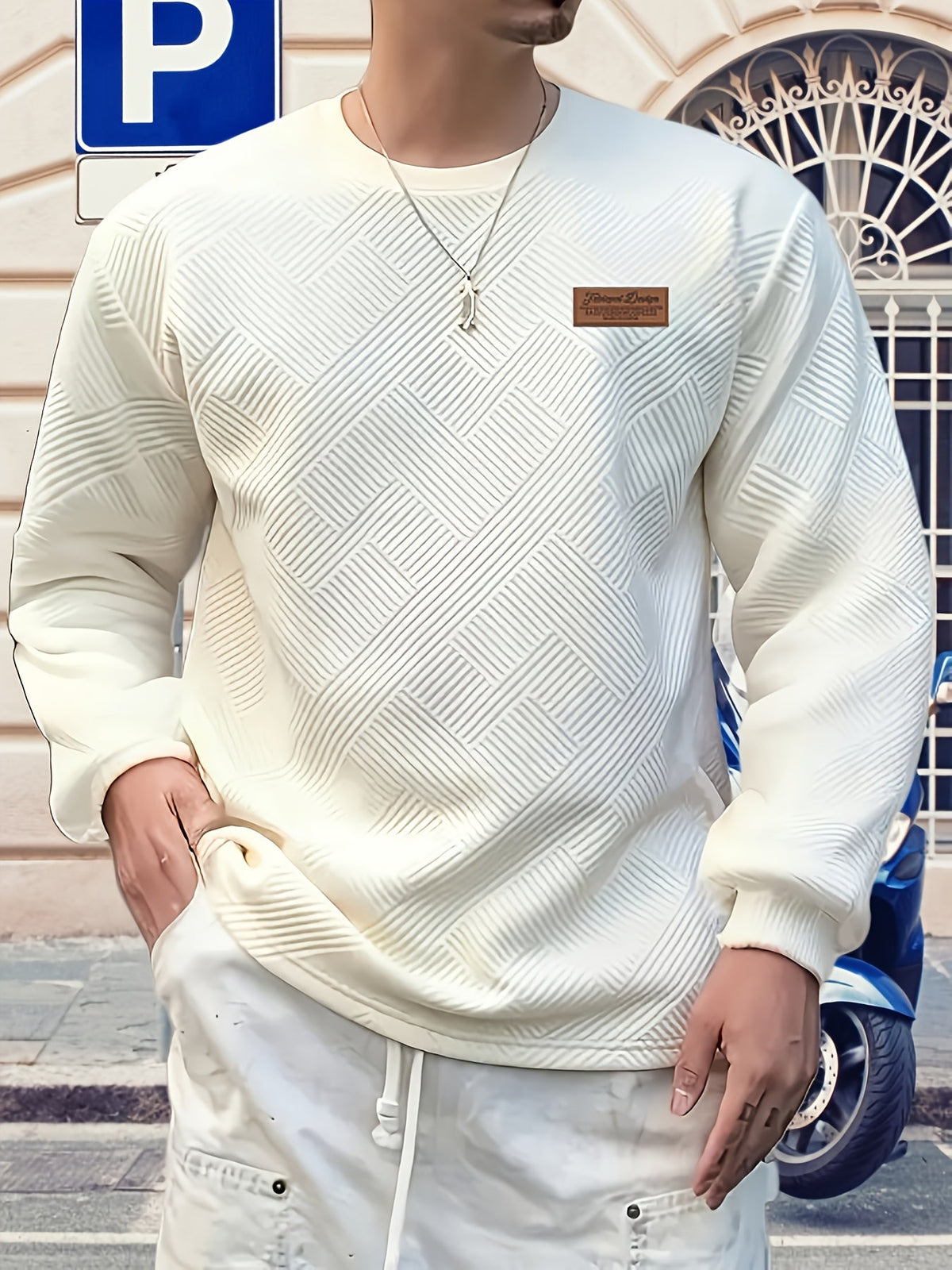 Textured Crew Neck Sweatshirt Men's Geometric Cream Pullover – Casual, Everyday · Werune