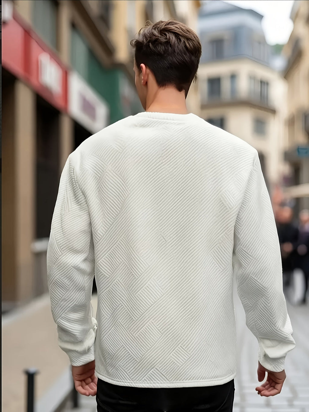 Textured Crew Neck Sweatshirt Men's Geometric Cream Pullover – Casual, Everyday · Werune