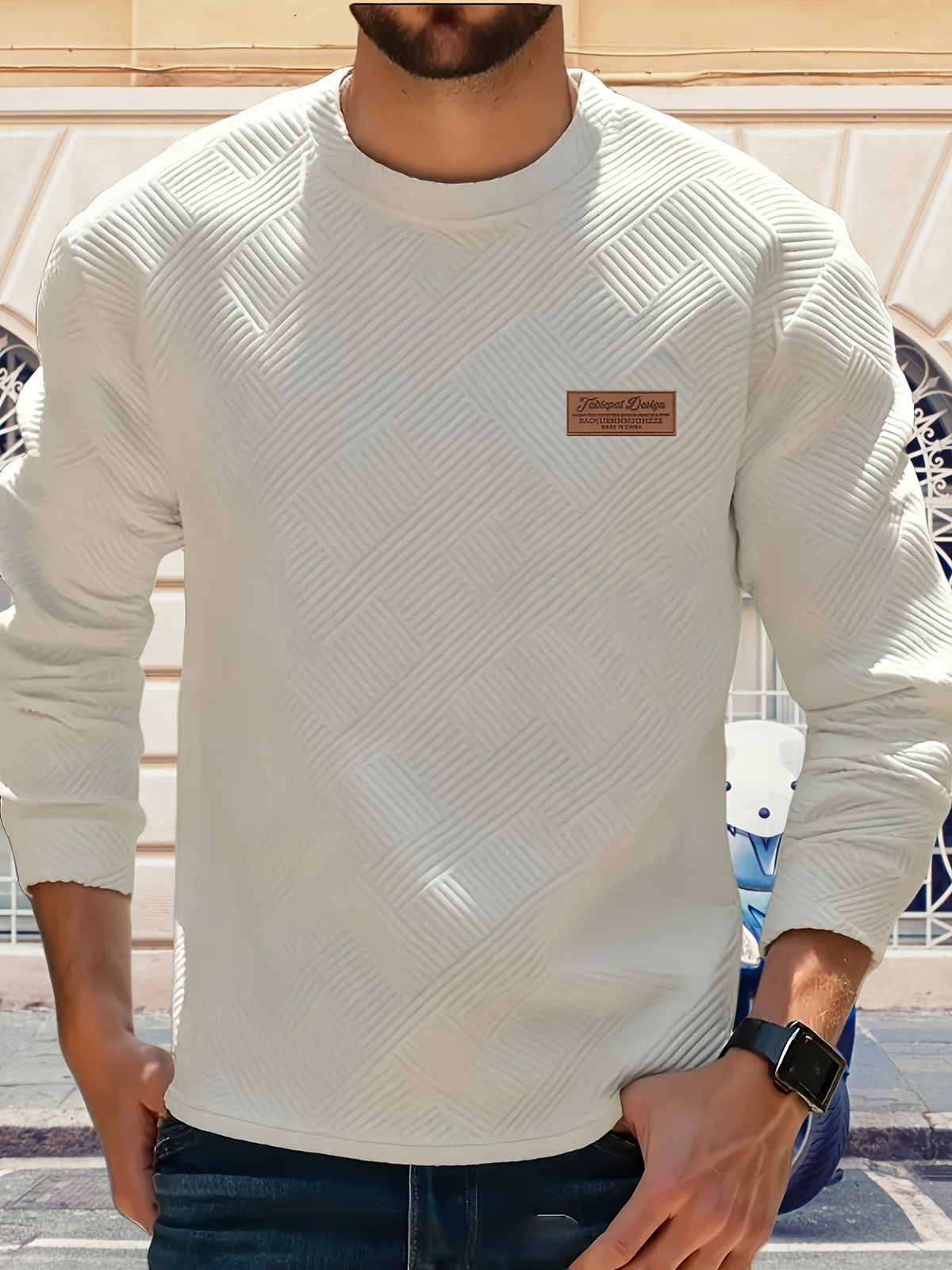 Textured Crew Neck Sweatshirt Men's Geometric Cream Pullover – Casual, Everyday · Werune