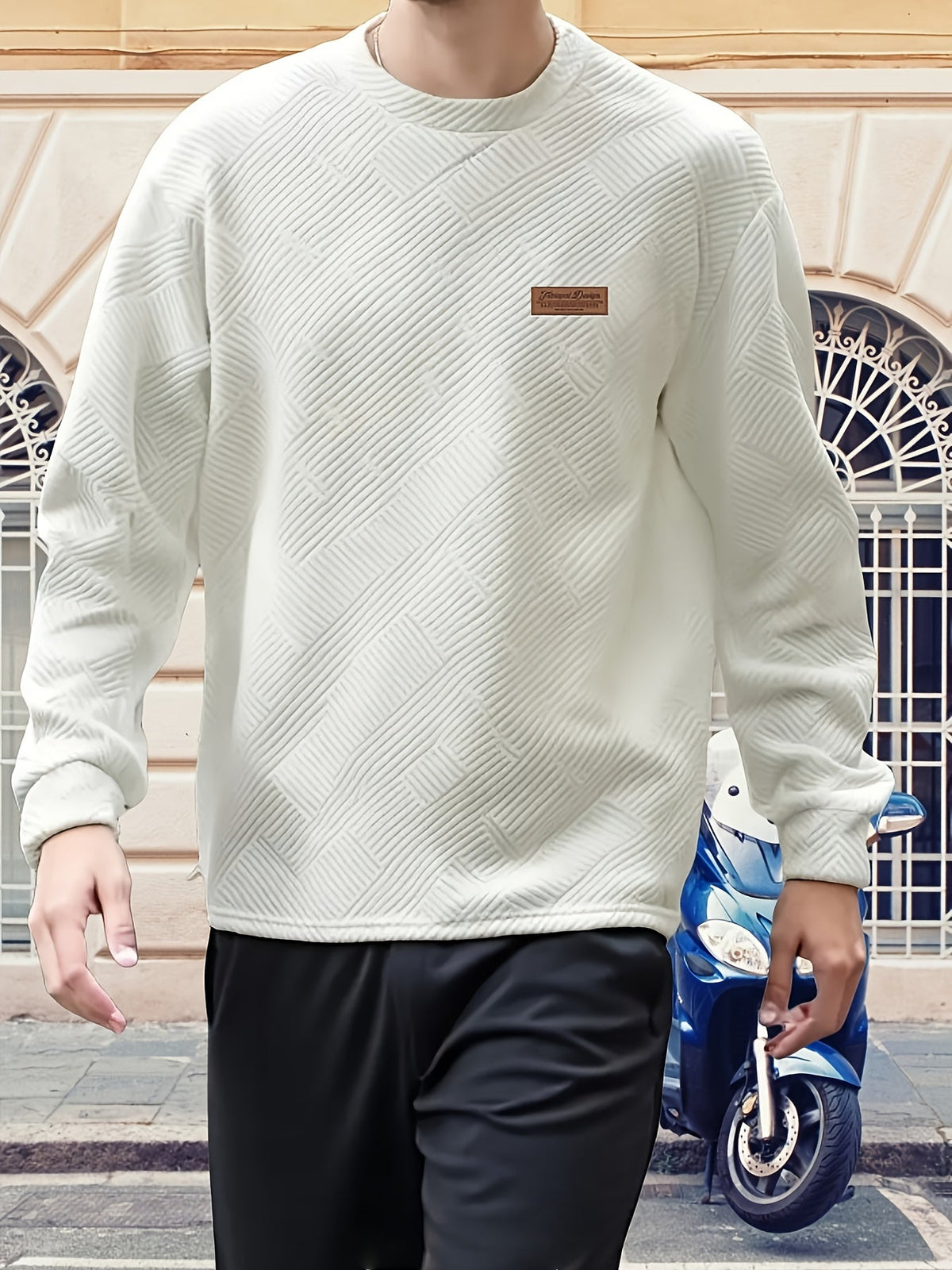 Textured Crew Neck Sweatshirt Men's Geometric Cream Pullover – Casual, Everyday · Werune