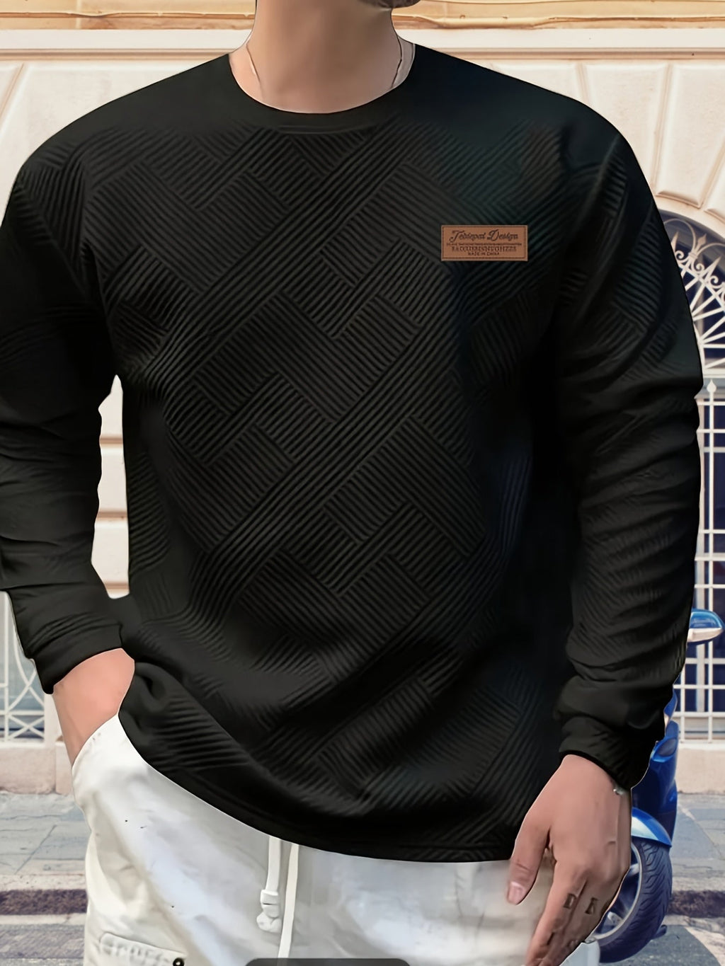 Textured Crew Neck Sweatshirt Men's Geometric Cream Pullover – Casual, Everyday · Werune