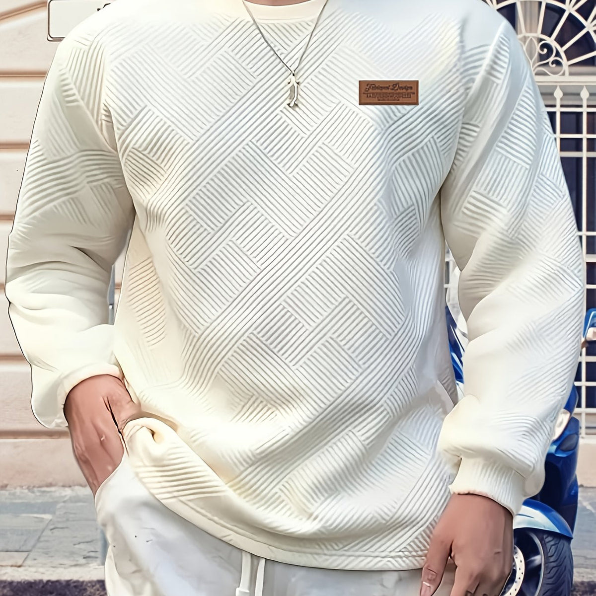 Textured Crew Neck Sweatshirt Men's Geometric Cream Pullover – Casual, Everyday · Werune