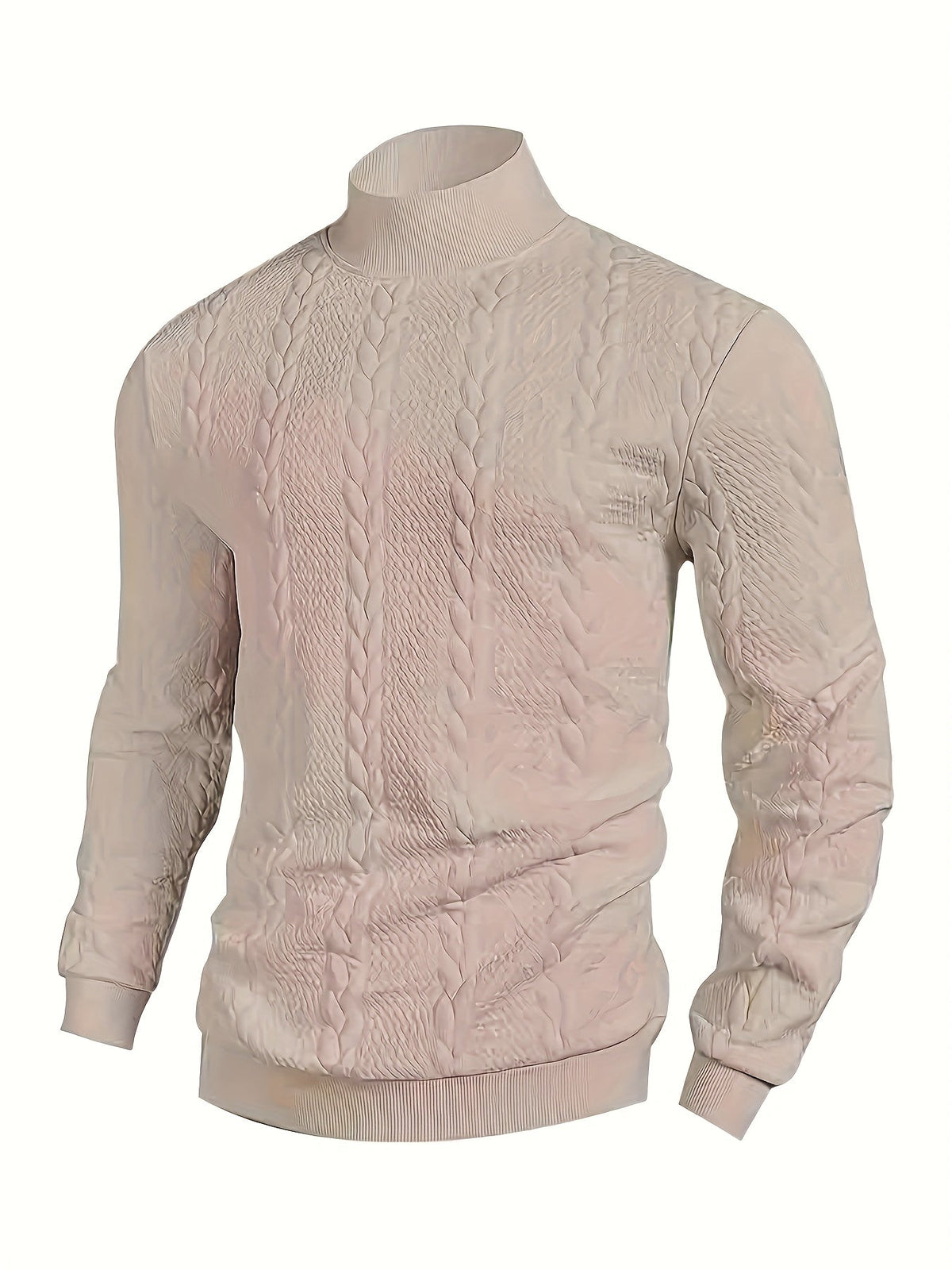 Textured Mock-Neck Sweatshirt Men's Long Sleeve Beige Knit Top – Casual, Office, Everyday Wear