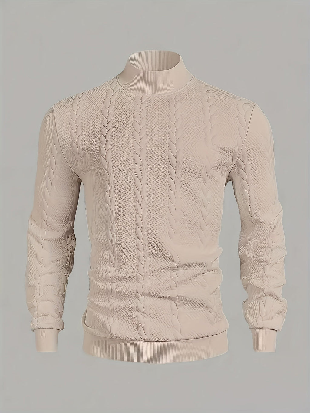 Textured Mock-Neck Sweatshirt Men's Long Sleeve Beige Knit Top – Casual, Office, Everyday Wear