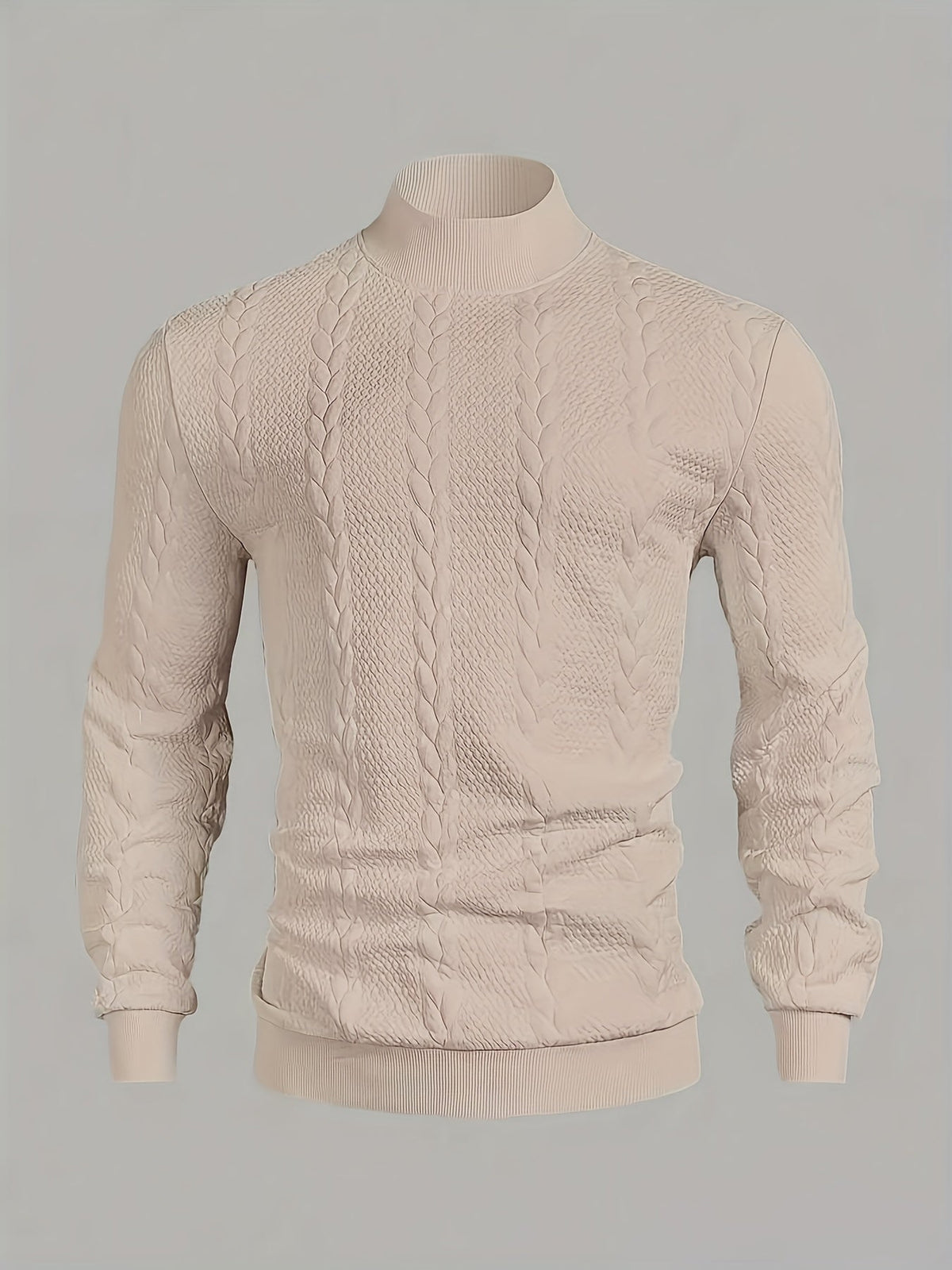 Textured Mock-Neck Sweatshirt Men's Long Sleeve Beige Knit Top – Casual, Office, Everyday Wear