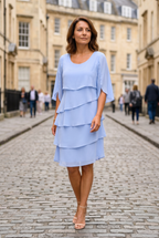 Tiered Chiffon Dress Light Blue Women's Mini Flutter Sleeve – Wedding Guest, Occasion, Summer