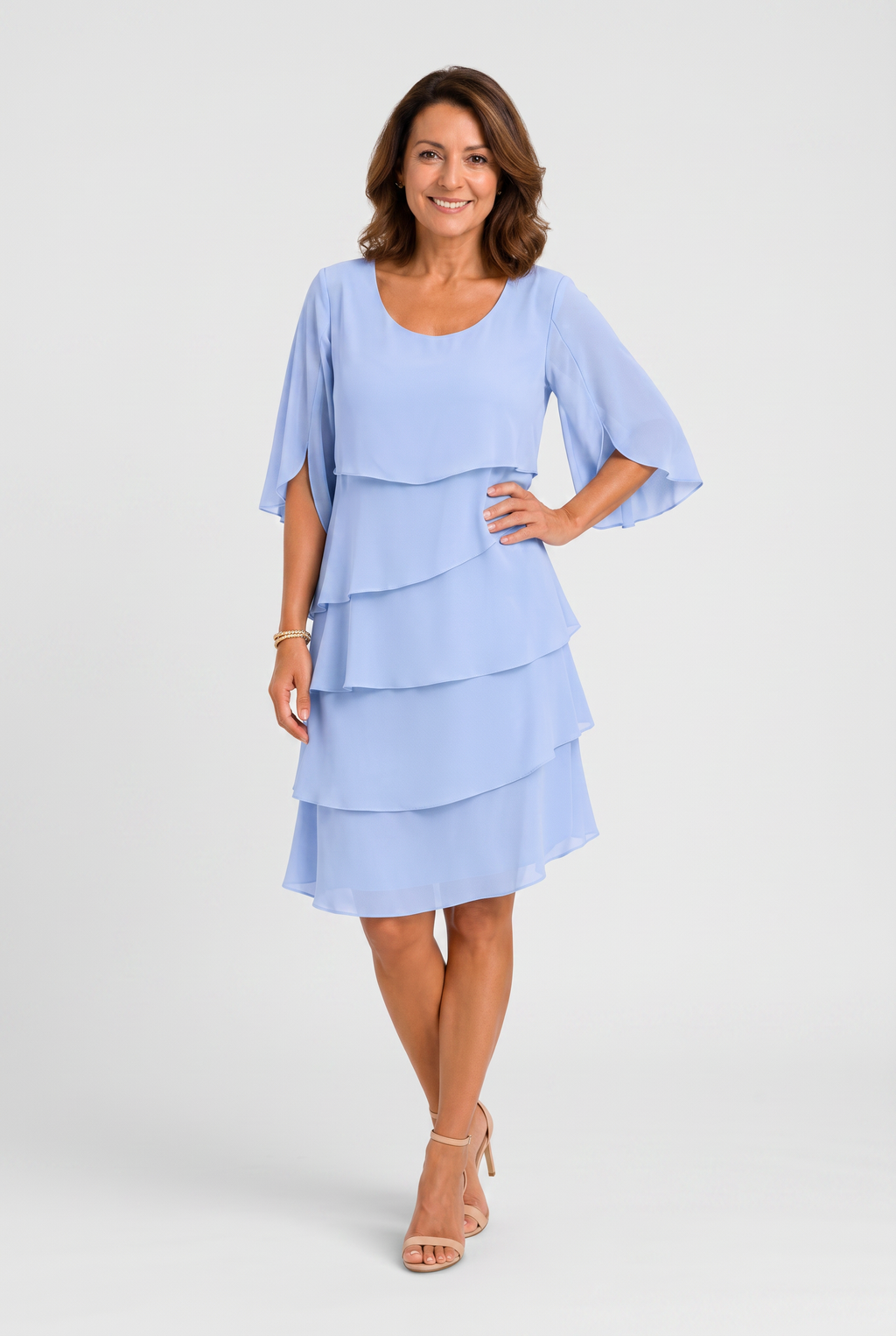 Tiered Chiffon Dress Light Blue Women's Mini Flutter Sleeve – Wedding Guest, Occasion, Summer