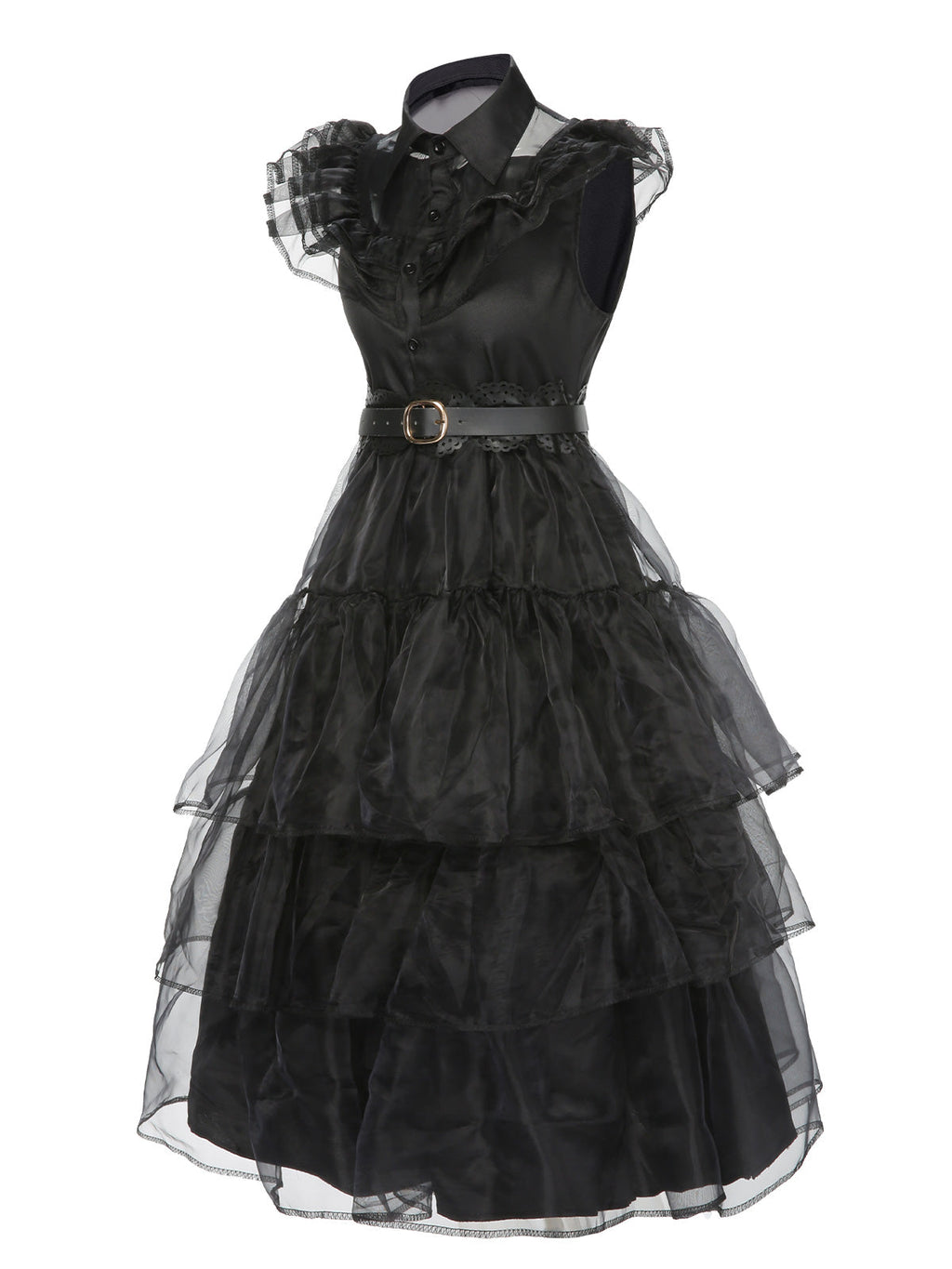 Tiered Ruffle Dress Black Mesh Belted Women's – Halloween, Party, Gothic, Cosplay, Gift