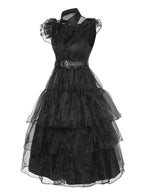 Tiered Ruffle Dress Black Mesh Belted Women's – Halloween, Party, Gothic, Cosplay, Gift