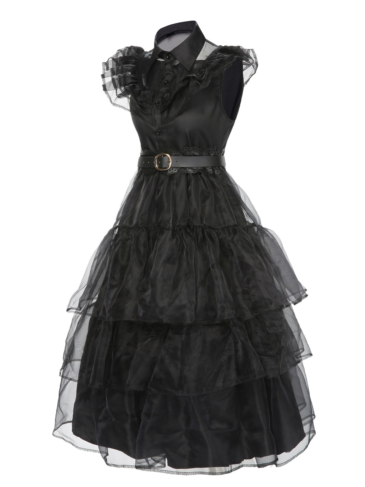 Tiered Ruffle Dress Black Mesh Belted Women's – Halloween, Party, Gothic, Cosplay, Gift