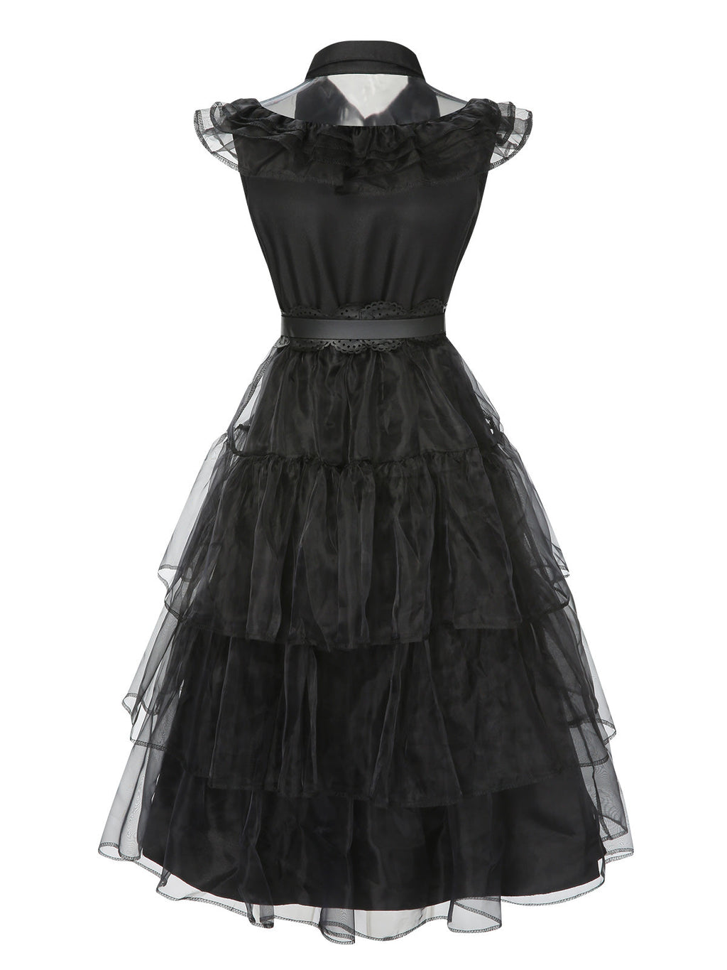 Tiered Ruffle Dress Black Mesh Belted Women's – Halloween, Party, Gothic, Cosplay, Gift