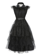 Tiered Ruffle Dress Black Mesh Belted Women's – Halloween, Party, Gothic, Cosplay, Gift