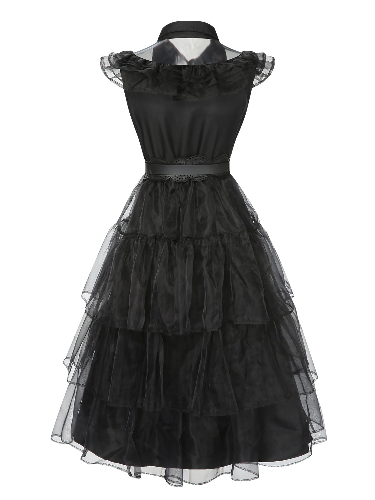 Tiered Ruffle Dress Black Mesh Belted Women's – Halloween, Party, Gothic, Cosplay, Gift