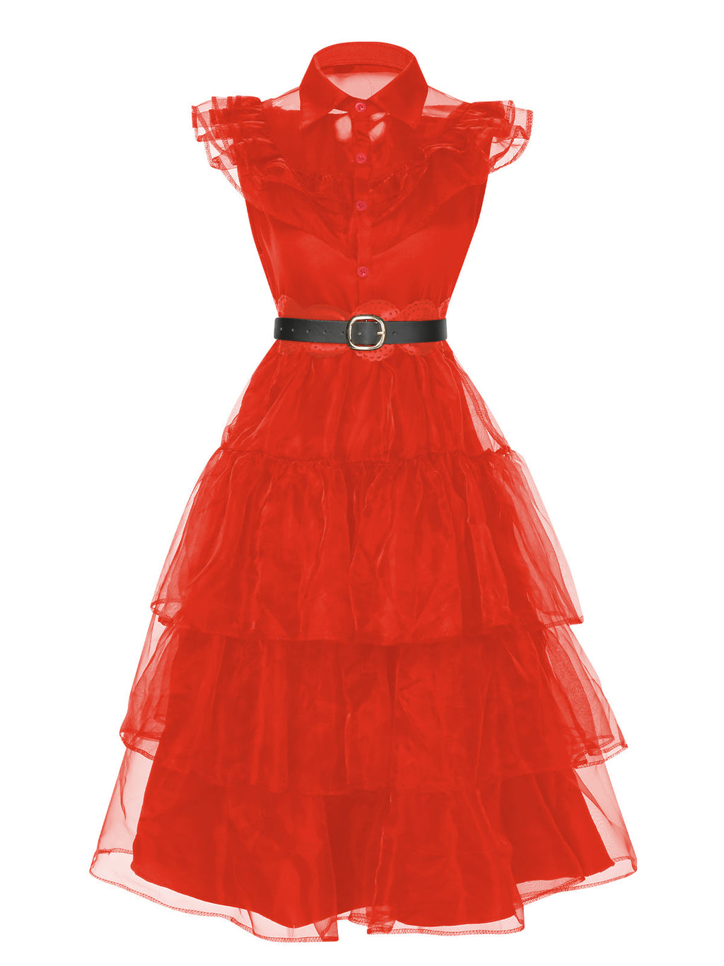 Tiered Ruffle Dress Black Mesh Belted Women's – Halloween, Party, Gothic, Cosplay, Gift
