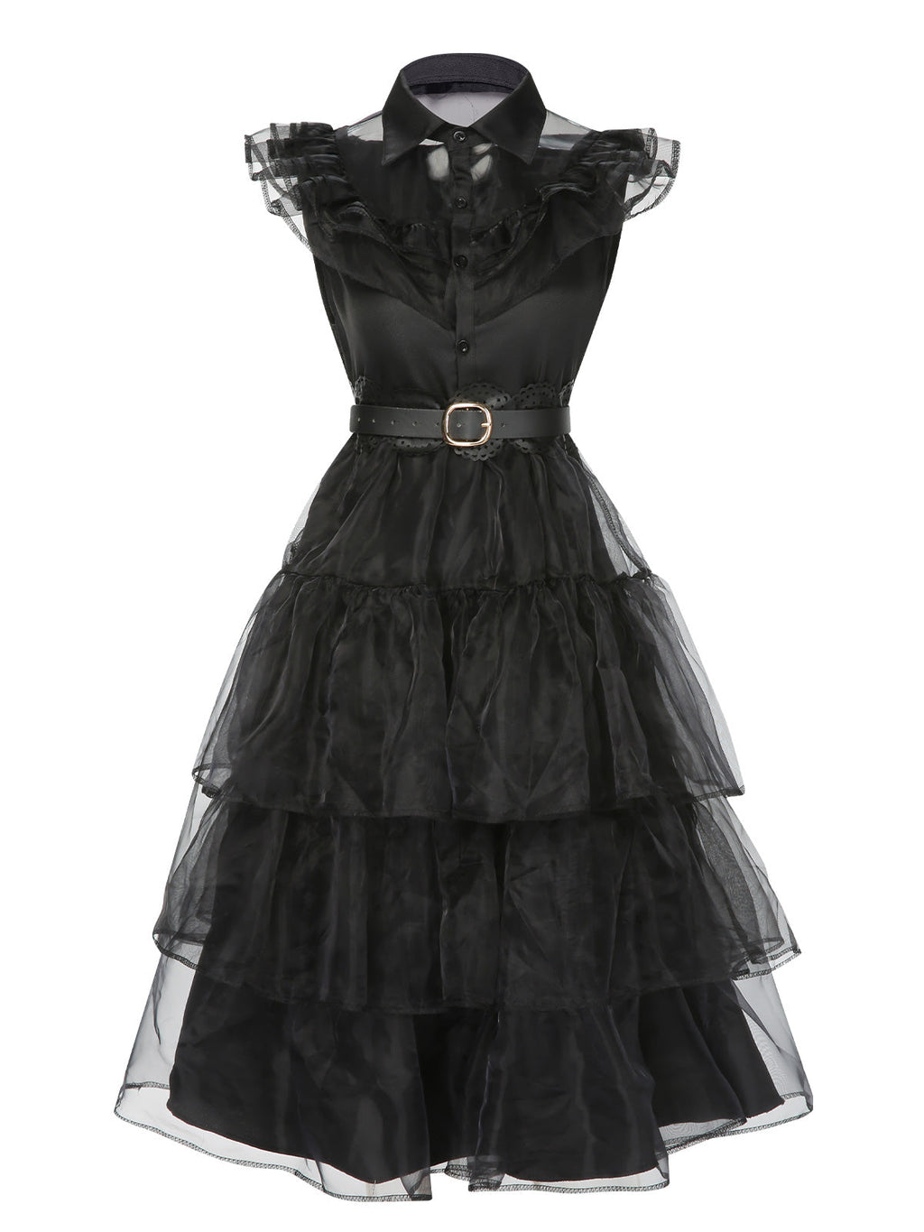 Tiered Ruffle Dress Black Mesh Belted Women's – Halloween, Party, Gothic, Cosplay, Gift