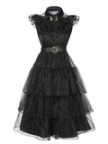 Tiered Ruffle Dress Black Mesh Belted Women's – Halloween, Party, Gothic, Cosplay, Gift