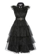 Tiered Ruffle Dress Black Mesh Belted Women's – Halloween, Party, Gothic, Cosplay, Gift