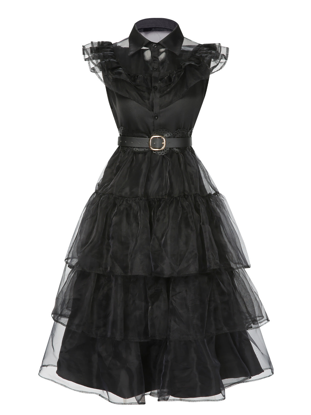 Tiered Ruffle Dress Black Mesh Belted Women's – Halloween, Party, Gothic, Cosplay, Gift