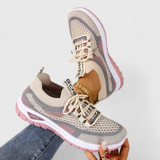 Trainers Women's Mesh Beige Pink Lace-Up Sneakers – Walking, Running, Home Gym · Werune