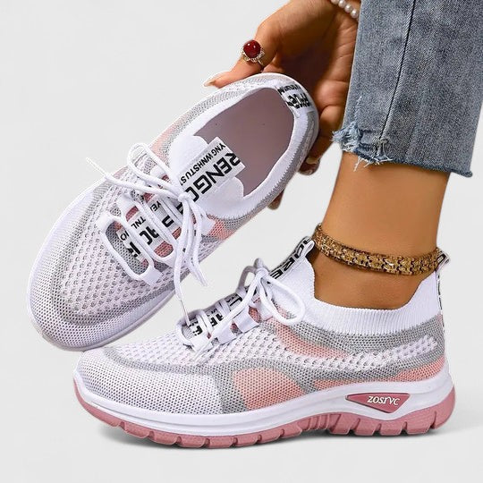 Trainers Women's Mesh Beige Pink Lace-Up Sneakers – Walking, Running, Home Gym · Werune