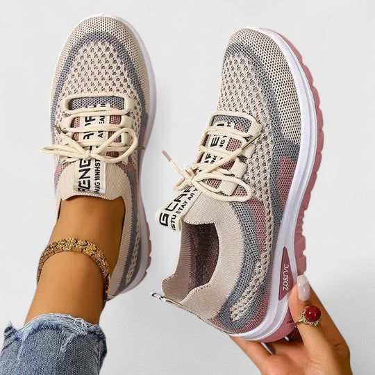 Trainers Women's Mesh Beige Pink Lace-Up Sneakers – Walking, Running, Home Gym · Werune