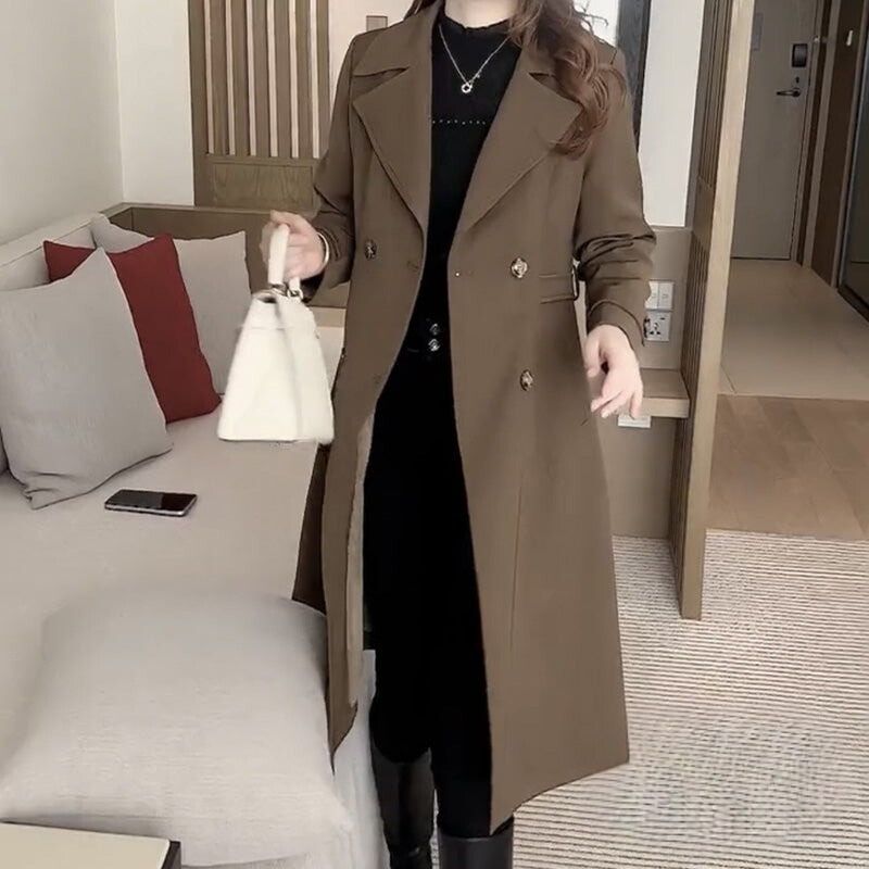 Trench Coat Black Women's Longline Double-Breasted Lapel Overcoat – Casual, Office, Holiday, Gift