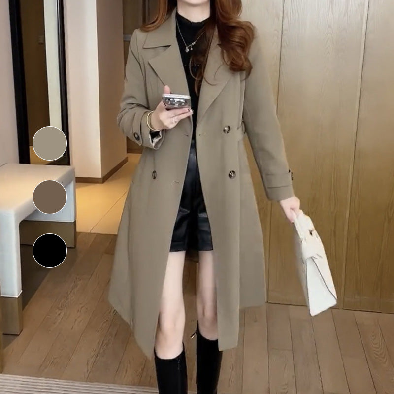 Trench Coat Black Women's Longline Double-Breasted Lapel Overcoat – Casual, Office, Holiday, Gift