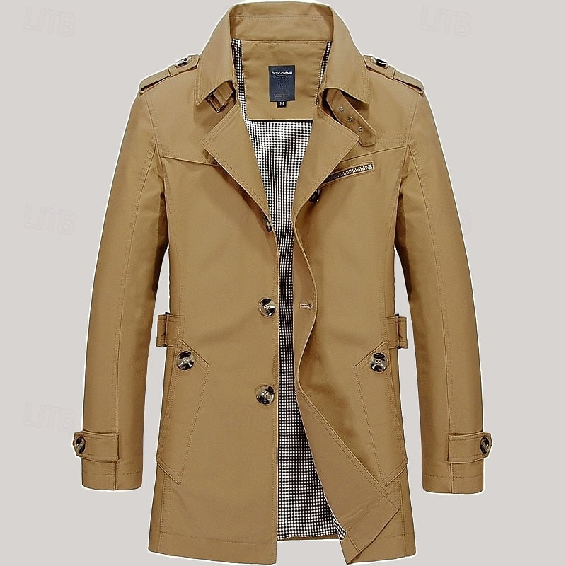 Trench Coat Cotton Men's Single-Breasted Mid-Length Jacket – Casual, Office, Smart Layering